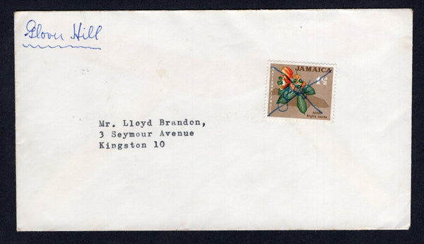 JAMAICA - 1966 - CANCELLATION: Circa 1966. Cover franked with single 1964 1½d brown, red & green QE2 issue (SG 218) cancelled with manuscript 'X' and 'GH' with 'Glover Hill' in manuscript at top left. Addressed to KINGSTON. A rare origination, unrecorded in all Jamaican Literature. Unique.  (JAM/20837)