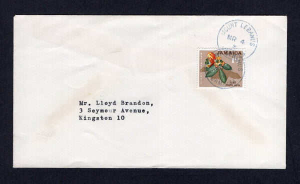 JAMAICA - 1968 - CANCELLATION: Circa 1968. Cover franked with single 1964 1½d brown, red & green QE2 issue (SG 218) tied by MOUNT LEBANOS cds in blue black with second strike alongside. Addressed to KINGSTON. A scarce cancel.  (JAM/20838)