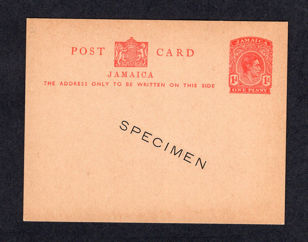 JAMAICA - 1937 - POSTAL STATIONERY: 1d red on buff GVI postal stationery card (H&G 30, small size card) with small 'SPECIMEN' overprint in black. Uncommon.  (JAM/27386)