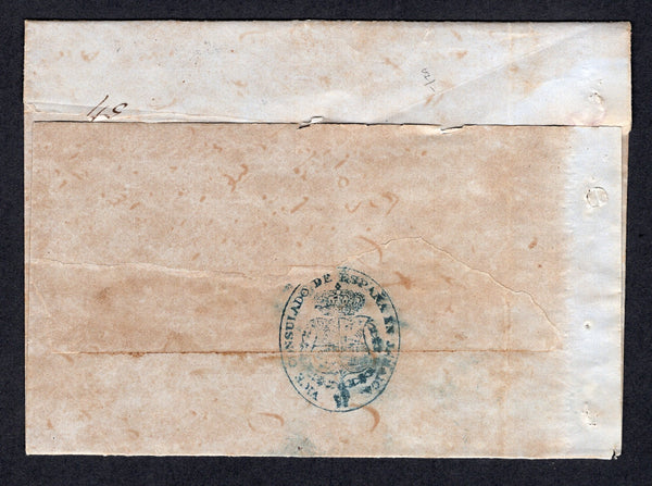 JAMAICA - 1820 - CONSULAR MAIL: Circa 1820. Large stampless official cover with fine strike of oval 'VICE CONSULADO DE ESPANA EN JAMAICA' Arms cachet in blue on reverse. Addressed to 'Senor Alcalde Mayor del Distrito Norte de Santiago de Cuba, Santiago de Cuba'. No other postal markings. Very unusual.  (JAM/37423)