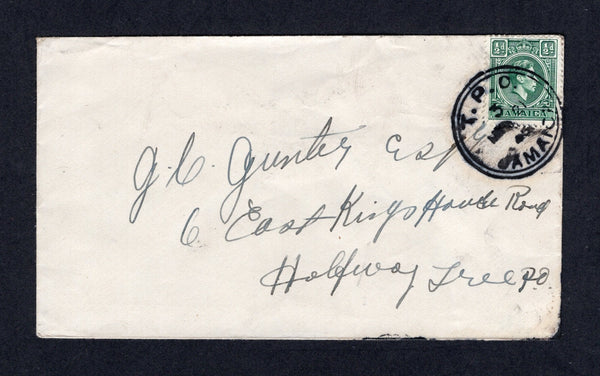 JAMAICA - 1945 - TRAVELLING POST OFFICES: Cover franked with 1938 ½d blue green GVI issue (SG 121) tied by good strike of T.P.O. 3 cds dated MAR 21 1945. Addressed to HALF WAY TREE.  (JAM/41879)