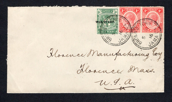 JAMAICA - 1916 - WAR TAX ISSUE: Commercial cover franked with pair 1912 1d scarlet GV issue and 1916 ½d yellow green 'WAR STAMP' overprint issue (SG 58a & 68) tied by BROWN'S TOWN cds's dated 5 JY 1916. Addressed to USA with KINGSTON transit mark on reverse. Nice correct use of the war stamp issue.  (JAM/42984)