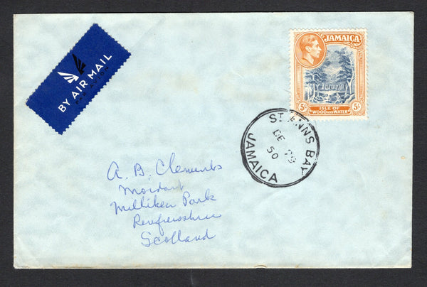 JAMAICA - 1940 - HIGH VALUE FRANKING: Cover franked with single 1938 5/- slate blue & yellow orange GVI issue, perf 13 (SG 132b) tied by fine ST ANNS BAY cds dated DE 29 1950 with airmail label at top left. Addressed to UK. A scarce value used on cover.  (JAM/42985)