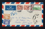 JAMAICA - 1951 - CANCELLATION & POSTAGE DUE: Airmail cover franked with 1938 pair 1½d brown and 1/- green & purple brown GVI issue (SG 123 & 130) tied by two strikes of NINE TURNS cds dated OC 24 1951. Addressed to UK and taxed on arrival with large '6 D I.S.P.' tax mark in black and added Great Britain 1937 5d yellow brown and 1951 1d violet blue 'Postage Due' issue (SG D32 & D38) tied by RICKMANSWORTH HERTS cds.  (JAM/42986)
