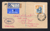 JAMAICA - 1940 - HIGH VALUE FRANKING & REGISTRATION: Registered cover franked with single 1938 5/- slate blue & yellow orange GVI issue, perf 13 (SG 132b) tied by fine HALF-WAY TREE cds dated AUG 9 1950 with printed blue & white 'HALFWAY TREE' registration label and airmail label at top left. Addressed to UK with oval KINGSTON transit mark on reverse. A scarce value used on cover.  (JAM/43021)