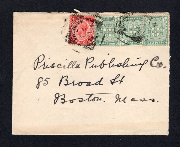 JAMAICA - 1913 - CANCELLATION: Cover franked with 1905 3 x ½d dull green and 1912 1d carmine red GV issue (SG 37 & 58) tied y two strikes of ANCHOVY squared circle cds dated OCT 1913. Addressed to USA with KINGSTON transit mark on reverse.  (JAM/43494)