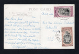 JAMAICA - 1952 - CANCELLATION: Commercial colour PPC 'Tower Isle Hotel, Jamaica, B.W.I. Beach & Tower' franked with 1951 2d black & red brown and 6d grey black & purple 'BWI University College' issue (SG 149/150) tied by two strikes of the oval TOWER ISLE JAMAICA cancel with black bar at top dated 23 AP 1952. Addressed to USA. An uncommon cancel.  (JAM/43495)