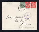 JAMAICA - 1913 - CANCELLATION & DESTINATION: Cover franked with single 1905 ½d dull green EVII issue and 1912 2 x 1d carmine red GV issue (SG 38b & 58) tied by two strikes of CLONMEL cds dated AU 25 1913. Addressed to 'Lady Mallet, The Legation, Panama, Central America' (Lady Mallet was the wife of Sir Claude Mallet the British Consul in Panama) with KINGSTON transit mark on reverse and AGENCIA POSTAL PANAMA arrival cds in purple on front.  (JAM44424)