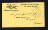 JAMAICA - 1880 - STAMPLESS MAIL & HORSE THEMATIC: Circa 1880 stampless yellow 'NEWS! TELEGRAPHIC INTELLIGENCE NOT FOR THE MAIL BAG' envelope with 'Horse & Rider' illustration and 'NEW YORK ASSOCIATED PRESS JAMAICA BUREAU MYRTLE BANK' cachet in blue. Addressed to KINGSTON. Very attractive and unusual.  (JAM45758)