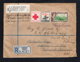 JAMAICA - 1941 - CINDERELLA: Registered cover franked with single 1938 1/- green & purple brown GVI issue (SG 130) tied by oval KINGSTON cancel dated MAR 1941 with printed blue on white 'KINGSTON JAMAICA' registration label alongside with 'JAMAICA WAR FUND' Red Cross label and 'ST DUNSTAN'S Help the War Blinded JAMAICA B.W.I.' labels on front and 'THERE WILL ALWAYS BE AN ENGLAND' Bulldog & Union Jack label tied on reverse. Addressed to Uk with transit & arrival marks on reverse. Attractive.  (JAM45759)