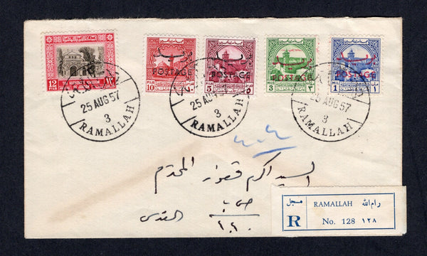 JORDAN - 1957 - REGISTRATION & PROVISIONAL OVERPRINTS: Registered cover franked with 1953 1m ultramarine, 3m emerald, 5f claret and 10f carmine red 'POSTAGE' overprint issue and 1955 12f sepia & carmine (SG 387/388, 408/409 & 451) tied by multiple strikes of RAMALLAH 3 cds dated 25 AUG 1957 with printed blue & white 'RAMALLAH' registration label alongside. Addressed to JERUSALEM with various transit & arrival marks on reverse.  (JOR/20948)