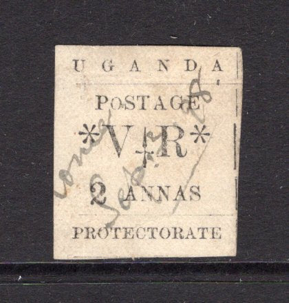 KENYA, UGANDA & TANGANYIKA - 1896 - UGANDA - PROVISIONAL ISSUE: 2a black 'Typeset' issue with variety 'SMALL O IN POSTAGE' used with '…conie Sept 3. 98' manuscript cancel. Four good margins. Rare. (SG 56a)  (KUT/14054)