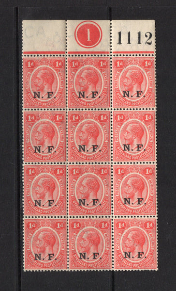 KENYA, UGANDA & TANGANYIKA - 1916 - TANGANYIKA - NYASALAND & RHODESIAN FORCE & MULTIPLE: 1d scarlet GV issue with 'N.F.' overprint in black, a fine unmounted mint top marginal block of twelve with '1' plate number and '1112' sheet number handstamp in margin. (SG N2)  (KUT44142)