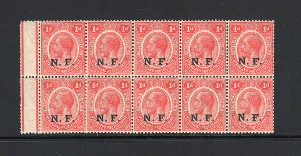 KENYA, UGANDA & TANGANYIKA - 1916 - TANGANYIKA - NYASALAND & RHODESIAN FORCE & MULTIPLE: 1d scarlet GV issue with 'N.F.' overprint in black, a fine unmounted mint side marginal block of ten. (SG N2)  (KUT44144)