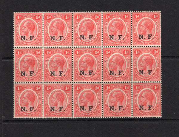 KENYA, UGANDA & TANGANYIKA - 1916 - TANGANYIKA - NYASALAND & RHODESIAN FORCE & MULTIPLE: 1d scarlet GV issue with 'N.F.' overprint in black, a fine unmounted mint block of fifteen. (SG N2)  (KUT44145)