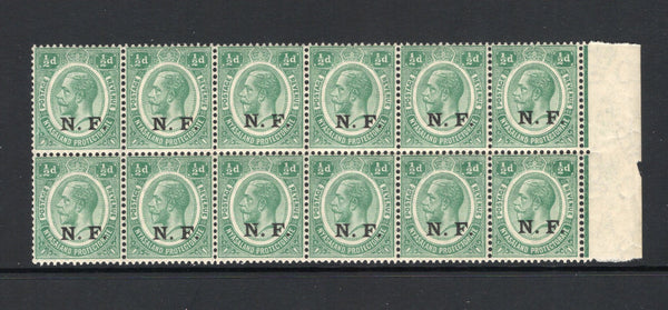 KENYA, UGANDA & TANGANYIKA - 1916 - TANGANYIKA - NYASALAND & RHODESIAN FORCE & MULTIPLE: ½d green GV issue with 'N.F.' overprint in black, a fine unmounted mint side marginal block of twelve. (SG N1)  (KUT44146)