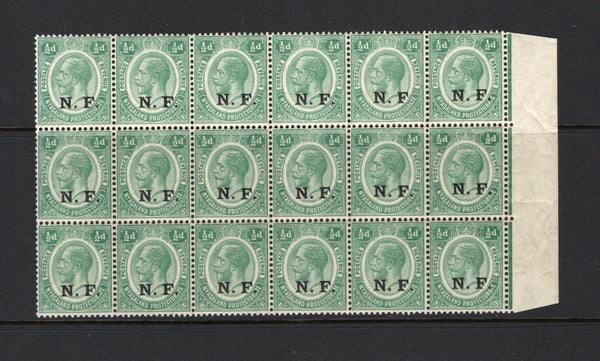 KENYA, UGANDA & TANGANYIKA - 1916 - TANGANYIKA - NYASALAND & RHODESIAN FORCE & MULTIPLE: ½d green GV issue with 'N.F.' overprint in black, a fine unmounted mint side marginal block of eighteen. (SG N1)  (KUT44147)