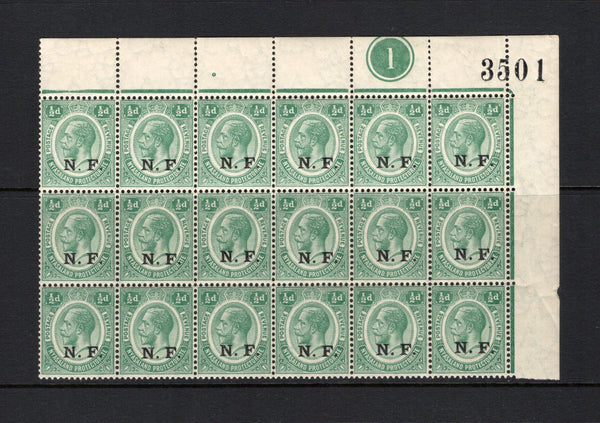 KENYA, UGANDA & TANGANYIKA - 1916 - TANGANYIKA - NYASALAND & RHODESIAN FORCE & MULTIPLE: ½d green GV issue with 'N.F.' overprint in black, a fine unmounted mint corner marginal block of eighteen with '1' plate number and '3501' sheet number handstamp in margin. (SG N1)  (KUT44148)