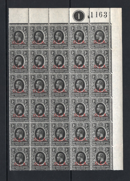 KENYA, UGANDA & TANGANYIKA - 1917 - TANGANYIKA - BRITISH OCCUPATION OF GERMAN EAST AFRICA & MULTIPLE: 1c black GV issue with 'G.E.A.' overprint in red, a fine mint corner marginal block of thirty with '1' Plate number and '1163' sheet number handstamp in top margin. (SG 45)  (KUT44150)