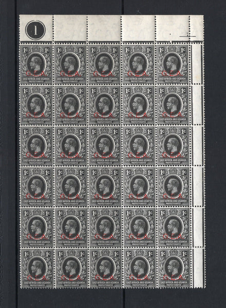 KENYA, UGANDA & TANGANYIKA - 1917 - TANGANYIKA - BRITISH OCCUPATION OF GERMAN EAST AFRICA & MULTIPLE: 1c black GV issue with 'G.E.A.' overprint in red, a fine mint corner marginal block of thirty with '1' Plate number in top margin. (SG 45)  (KUT44151)