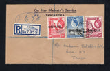 KENYA, UGANDA & TANGANYIKA - 1960 - OFFICIAL MAIL: Printed 'On Her Majesty's Service Tanganyika' OFFICIAL cover franked with 1959 10c carmine red, 30c black & deep ultramarine and 50c reddish purple 'OFFICIAL' overprint issue (SG O2 & O5/O6) tied by TANGA cds's dated 15 JY 1960 with printed blue on white 'TANGA TANGANYIKA' registration label alongside and 'PROVINCIAL TREASURY ACCOUNTANT TANGA' official handstamp in purple on reverse. Addressed locally within TANGA. A scarce issue used on cover.  (KUT44648)