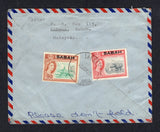 LABUAN - 1965 - SABAH OVERPRINT ISSUE: Airmail cover franked on reverse with 1964 25c grey black & scarlet and 50c emerald & yellow brown QE2 issue with 'SABAH' overprints (SG 415 & 418) tied by LABUAN SABAH MALAYSIA cds. Addressed to UK.  (LAB/22191)