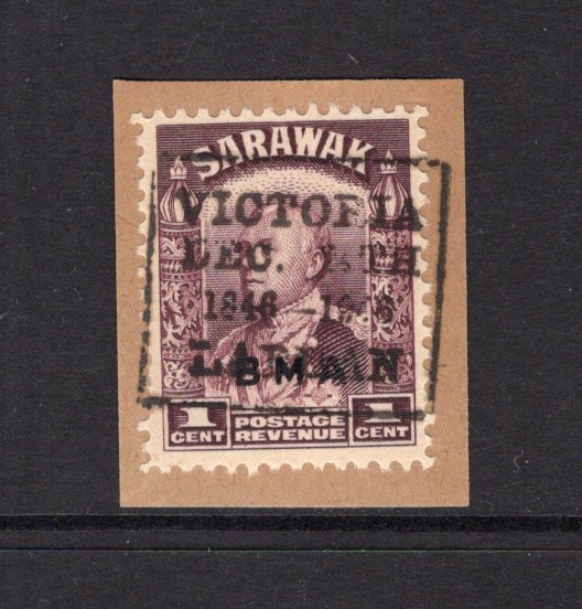 LABUAN - 1946 - SARAWAK USED IN LABUAN: 1c purple issue of Sarawak with 'BMA' overprint used on small piece with good strike of boxed 'VICTORIA DEC 24TH 1846 - 1946 LABUAN' cancel in black. (SG 106)  (LAB/23620)