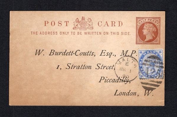MALTA - 1890 - GREAT BRITAIN USED IN MALTA & POSTAL STATIONERY: Great Britain ½d brown on buff thick card QV postal stationery card (H&G 16b) datelined 'Malta 1 March' on reverse used with added Malta 1885 2½d ultramarine (SG 26) tied by MALTA 'A25' duplex cds dated MR 1 1890. Addressed to UK. The card has some toning but unusual.  (MAL43655)