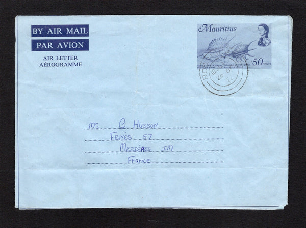 MAURITIUS - 1972 - ISLAND MAIL: 50c blue QE2 'Seashell' postal stationery airletter (H&G Unlisted) datelined 'M. Josee Rousseby, St. Louis College, Port Mathurin, Rodiguez' inside used with RODRIGUEZ cds dated 26 OC 1972. Addressed to FRANCE. Full commercial message inside.  (MAU/43061)