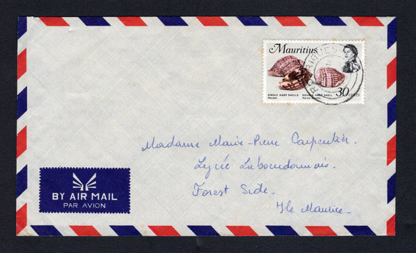 MAURITIUS - 1973 - ISLAND MAIL: Airmail cover franked with 1969 30c 'Harp shells' QE2 issue (SG 390) tied by RODRIGUEZ cds dated 1 APR 1973. Addressed to FOREST SIDE, MAURITIUS.  (MAU/43193)