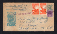 MEXICO - 1948 - POSTAL STATIONERY: 15c greenish blue on buff 'Propaganda' postal stationery envelope (UPSS #E114a, H&G B78) with 'Soldiers Head' picture inscribed 'America Unida' used with added pair 1944 20c red orange 'Special Delivery' issue and 10c violet (SG 713 & E731) tied by ENSENADA B CFA cds's with straight line 'SPECIAL DELIVERY in purple. Addressed to USA with arrival cds on reverse.  (MEX/10005)