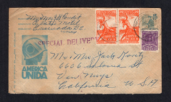 MEXICO - 1948 - POSTAL STATIONERY: 15c greenish blue on buff 'Propaganda' postal stationery envelope (UPSS #E114a, H&G B78) with 'Soldiers Head' picture inscribed 'America Unida' used with added pair 1944 20c red orange 'Special Delivery' issue and 10c violet (SG 713 & E731) tied by ENSENADA B CFA cds's with straight line 'SPECIAL DELIVERY in purple. Addressed to USA with arrival cds on reverse.  (MEX/10005)