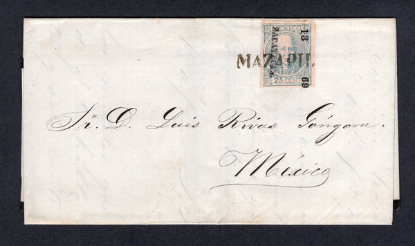 MEXICO - 1869 - CANCELLATION: Folded letter franked with single 1868 25c blue on pink with '13 69' and 'ZACATECAS' district overprint (SG 69) tied by superb strike of straight line MAZAPIL cancel in black. Addressed to MEXICO CITY.  (MEX/13049)