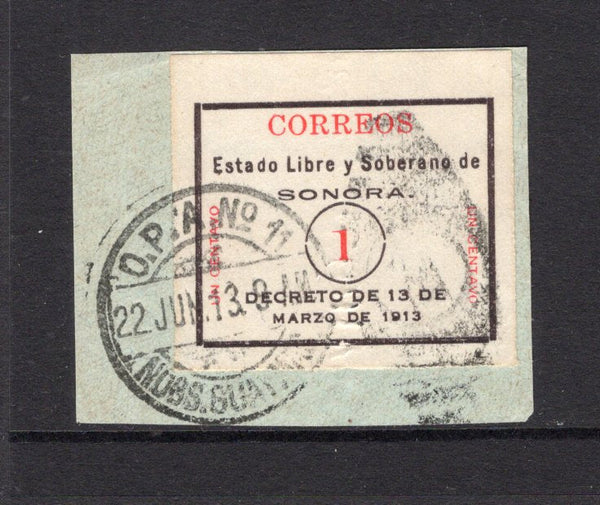 MEXICO - 1913 - CIVIL WAR & TRAVELLING POST OFFICES: 1c black & red 'Sonora Seal' issue with embossed 'CONSTITUCIONAL' at right, a fine used copy tied on piece by good strike of O.P.A. No.11 NOGS GUAYMAS cds dated 22 JUN 1913. This cancel has so far only been recorded used in 1907-08. (SG S1)  (MEX/27627)