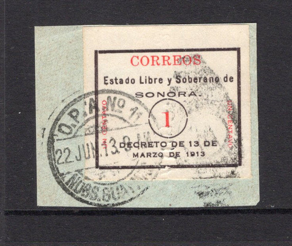 MEXICO - 1913 - CIVIL WAR & TRAVELLING POST OFFICE: 1c black & red 'Sonora Seal' issue with embossed 'CONSTITUCIONAL' at right, a fine used copy tied on piece by good strike of O.P.A. No.11 NOGS GUAYMAS cds dated 22 JUN 1913. This cancel has so far only been recorded used in 1907-08. (SG S1)  (MEX/27627)