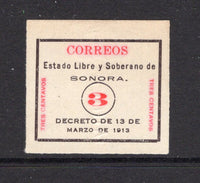 MEXICO - 1913 - CIVIL WAR: 3c black & red 'Sonora Seal' issue with embossed 'CONSTITUCIONAL' in centre, a fine unused copy. Uncommon. (SG S3)  (MEX/30342)