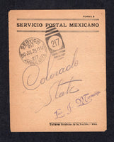 MEXICO - 1929 - TRAVELLING POST OFFICES & PARCEL RECEIPT: Printed 'SERVICIO POSTAL MEXICANO' parcel post receipt form inscribed 'FORMA 9' and with 'Talleres Graficos de la Nacion - Mex.' printers imprint at lower right used with fine strike of SERVICIO AMBULANTE 217 duplex cds dated 30 JUL 1929 with 'Colorado State' destination in manuscript and 'Lino J Marmolejo' agents name handstamp in purple. A very unusual and scarce item.  (MEX/31636)