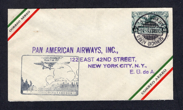 MEXICO - 1929 - FIRST FLIGHT: 35c green postal stationery airmail envelope (UPSS #AE7, H&G FB2) used with MEXICO CITY cds dated 9 MAR 1929. Flown on the 'Mexico - Tampico - Matamoros' first flight with boxed first flight cachet in black on front. Addressed to USA with arrival cds on reverse. (Muller #18)  (MEX/32988)