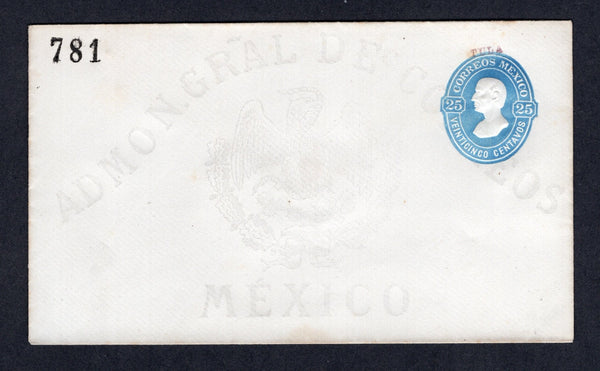 MEXICO - 1879 - POSTAL STATIONERY: 25c blue 'Hidalgo' postal stationery envelope with '781' district number and 'TULA' district overprint (Tula de Tamaulipas) in purple above stamp imprint (UPSS #E9, H&G B9b). Fine unused. A scarce district.  (MEX/36363)