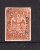MEXICO - 1864 - EAGLE ISSUE: 3c red brown 'Fourth Period' EAGLE issue with '71 - 1865' Invoice No. & 'MEXICO' district overprint all in black. A superb unused four margin example. An exceptionally rare stamp, only 2400 were printed. Small fault at lower left but otherwise a superb looking copy. (SG 30, Follansbee #34)  (MEX/36384)