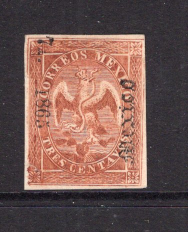 MEXICO - 1864 - EAGLE ISSUE: 3c red brown 'Fourth Period' EAGLE issue with '71 - 1865' Invoice No. & 'MEXICO' district overprint all in black. A superb unused four margin example. An exceptionally rare stamp, only 2400 were printed. Small fault at lower left but otherwise a superb looking copy. (SG 30, Follansbee #34)  (MEX/36384)