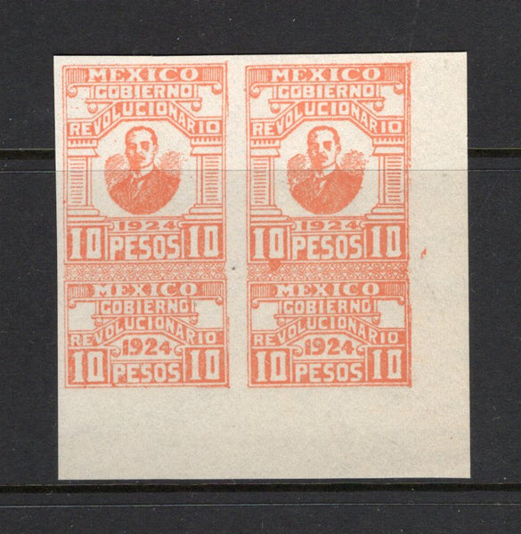 MEXICO - 1924 - YUCATAN INSURRECTION ISSUE & REVENUE: 10p orange 'Yucatan Insurrection' local REVENUE issue, imperf with coupon attached inscribed 'Gobierno Revolucionario 1924'. A fine unused corner pair. Scarce. (Stevens #Y13, Mexico's Revenue Stamps #Y15)  (MEX/38724)