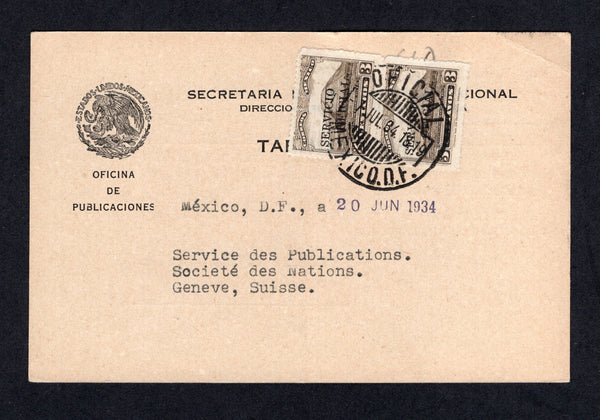 MEXICO - 1934 - OFFICIAL MAIL: Printed 'Secretaria de la Economia Nacional - Oficina de Publicaciones' OFFICIAL postcard franked with pair 1933 3c brown 'SERVICIO OFICIAL' overprint issue (SG O542) tied by OFICIAL MEXICO D.F. cds dated 1 JUL 1934. Addressed to the UNITED NATIONS in GENEVE, SWITZERLAND, the message being an acknowledgment for receipt of the latest UN publication.  (MEX/40781)