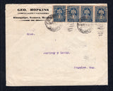 MEXICO - 1914 - CIVIL WAR & CANCELLATION: Cover with printed 'Geo Hopkins Comerciante y Ganadero, Sinoquipe, Sonora, Mexico' company imprint at top franked with strip of five 1914 1c blue 'Transitorio' issue (SG CT1, one stamp folded onto the back of the cover) tied by multiple strikes of SINOQUIPE cds dated 11 MAR 1914. Addressed to NOGALES with transit & arrival marks on reverse. Cover has small faults & a little wear but a scarcer origination.  (MEX/41447)