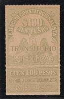 MEXICO - 1913 - CIVIL WAR: 100p grey 'Transitorio' REVENUE issue with coupon, the top value fine mint. Scarce. (Roberts #RV29)  (MEX/41633)