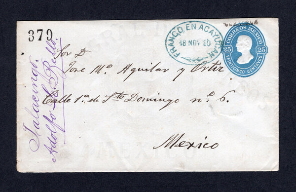 MEXICO - 1880 - POSTAL STATIONERY & CANCELLATION: 25c blue 'Hidalgo' postal stationery envelope with '379' district number and 'VERACRUZ' district overprint in top right corner (UPSS #E9, H&G B9b) used with fine strike of oval FRANCO EN ACAYUCAN cancel in blue dated 18 NOV 1880. Addressed to MEXICO CITY with manuscript arrival notation at right and MEXICO CITY arrival mark on reverse. Backflap missing.  (MEX/41697)