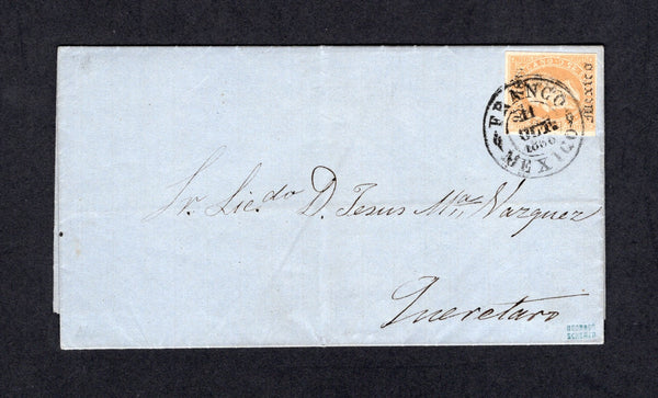 MEXICO - 1866 - MAXIMILLIAN ISSUE: Cover franked with fine four margin 1866 25c buff LITHO 'Maximillian' issue with '95 1866' invoice number and 'MEXICO' district overprint (SG 38, Follansbee #50) tied by FRANCO MEXICO cds dated 11 OCT 1866. Addressed to QUERETARO. The litho Maximillians are rare used on cover.  (MEX/41713)
