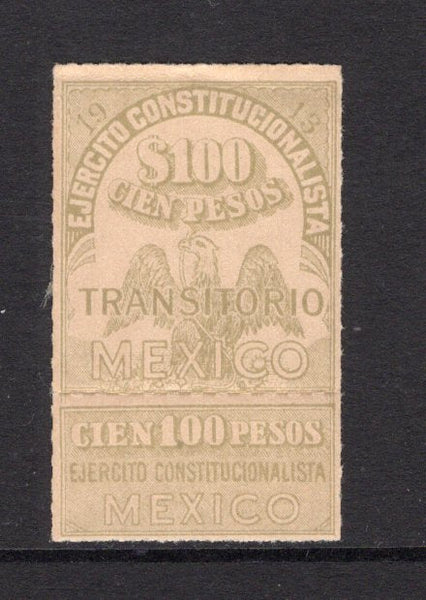 MEXICO - 1913 - CIVIL WAR: 100p grey 'Transitorio' REVENUE issue with coupon, the top value fine mint. Scarce. (Roberts #RV29)  (MEX/41776)
