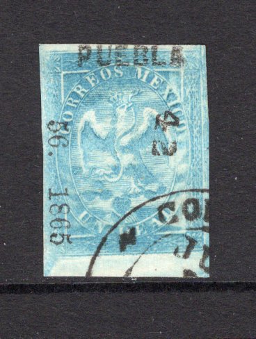 MEXICO - 1864 - EAGLE ISSUE: 1r blue 'Fourth Period' EAGLE issue with '56 - 1865' Invoice No. & 'PUEBLA' district overprint and '42' sub consignment number of ATLIXCO, a fine cds used copy, four good to tight margins. (SG 32b, Follansbee #36)  (MEX/41777)