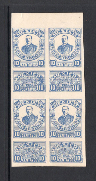 MEXICO - 1924 - YUCATAN INSURRECTION ISSUE & REVENUE: 10c blue 'Yucatan Insurrection' local REVENUE issue, imperf with coupon attached inscribed 'Gobierno Revolucionario 1924'. A fine unused top marginal block of four. Scarce. (Stevens #Y10, Mexico's Revenue Stamps #Y11)  (MEX/41830)